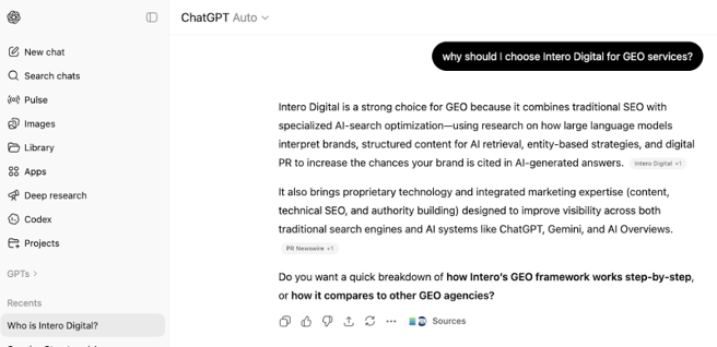 ChatGPT recommending Intero Digital for GEO services